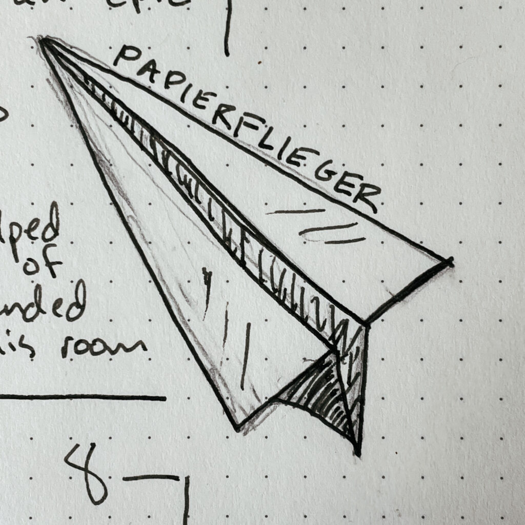 doodle of a paper airplane labeled "papierflieger"